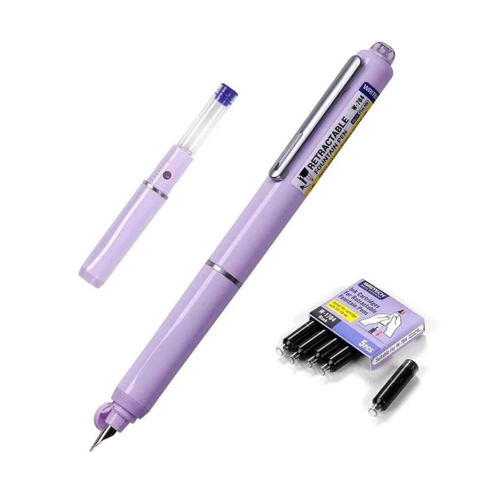 Set stilou retractabil Writech cu 5 rezerve cerneala albastru,grosime penita F, corp violet,cutie depozitare [2]