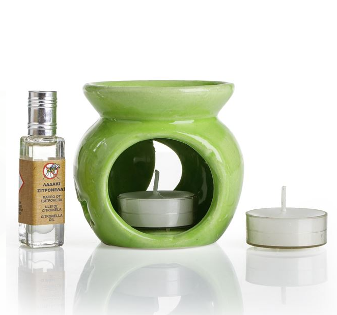 Set suport ceramic cu ulei de citronella si 2 lumanari tip pastila