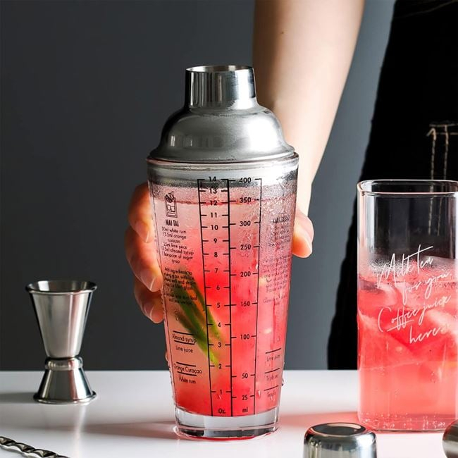 Shaker sticlă cocktail 450 ml, capac inox, rețete engleză [2]
