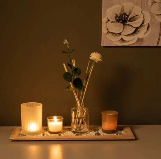 Suport decorativ din lemn cu lumanari si floare artificiala [3]