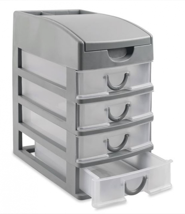 Suport birou cu 4 sertare si capac pentru accesorii de birotica, Plastic, 15x20x25 cm