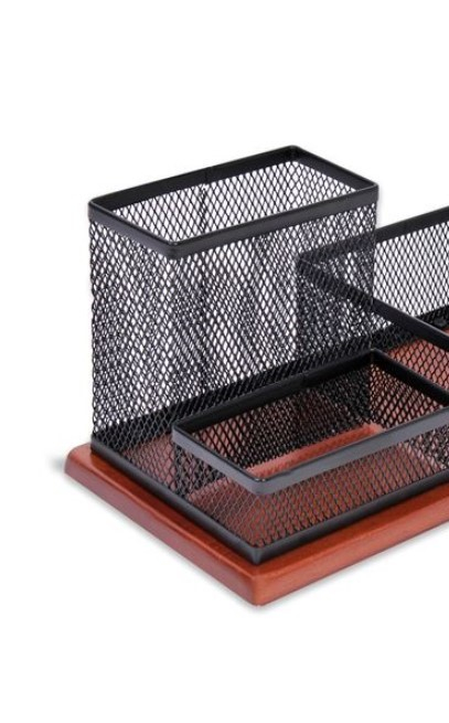 Suport metalic cu 3 compartimente cu suport din lemn pentru accesorii de birotica [3]