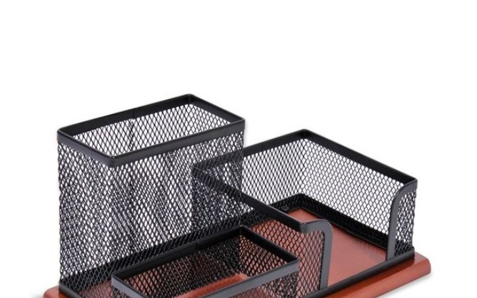 Suport metalic cu 3 compartimente cu suport din lemn pentru accesorii de birotica [4]