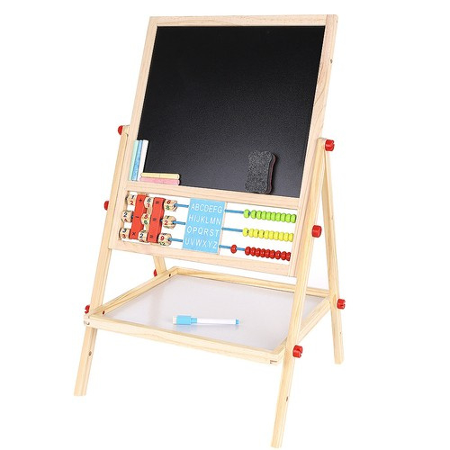 Tabla magnetica de scris cu 2 fete, suport,ceas si socotitoare, lemn,32x41x67 cm [12]