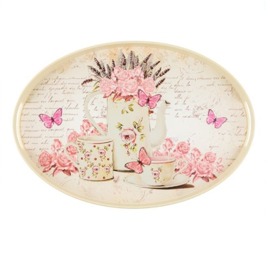 Tava ovala pentru servire, design floral, roz,38x26x3 cm