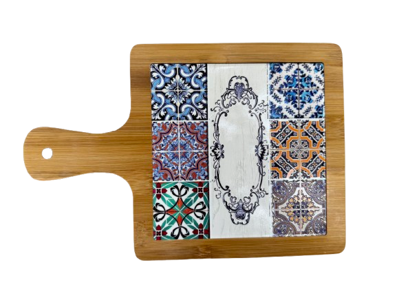 Tocator decorativ model Ethnic, bambus si ceramica,multicolor,18x28 cm