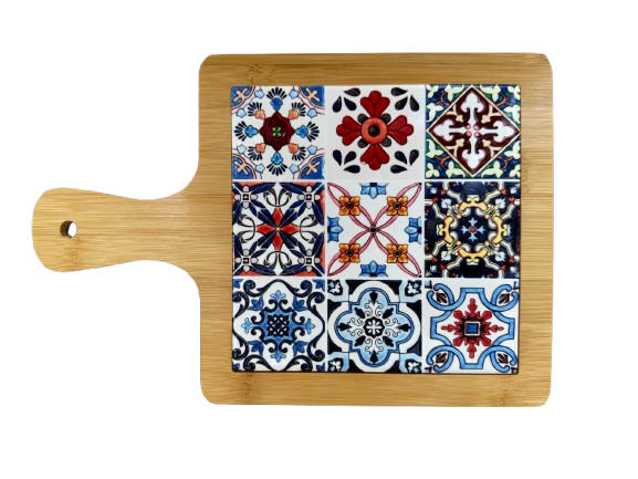 Tocator decorativ model Ethnic, ceramica si bambus,multicolor,18x28 cm