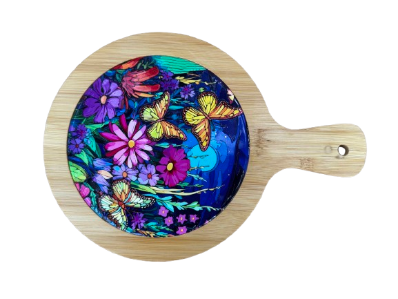 Tocator decorativ model floral, ceramica si bambus,multicolor,19x27 cm