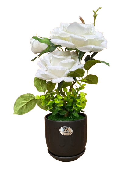 Trandafir alb artificial in ghiveci ceramic negru, 11x35 cm