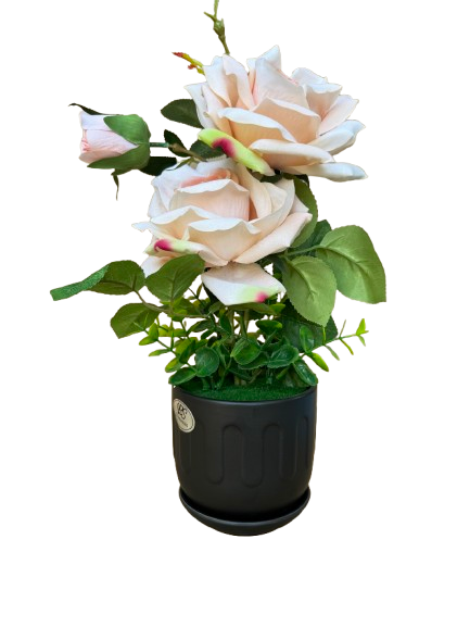 Trandafir ivory artificial in ghiveci ceramic negru, 11x35 cm [1]