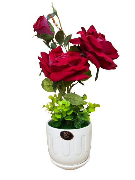 Trandafir rosu artificial in ghiveci ceramic alb, 11x35 cm [1]