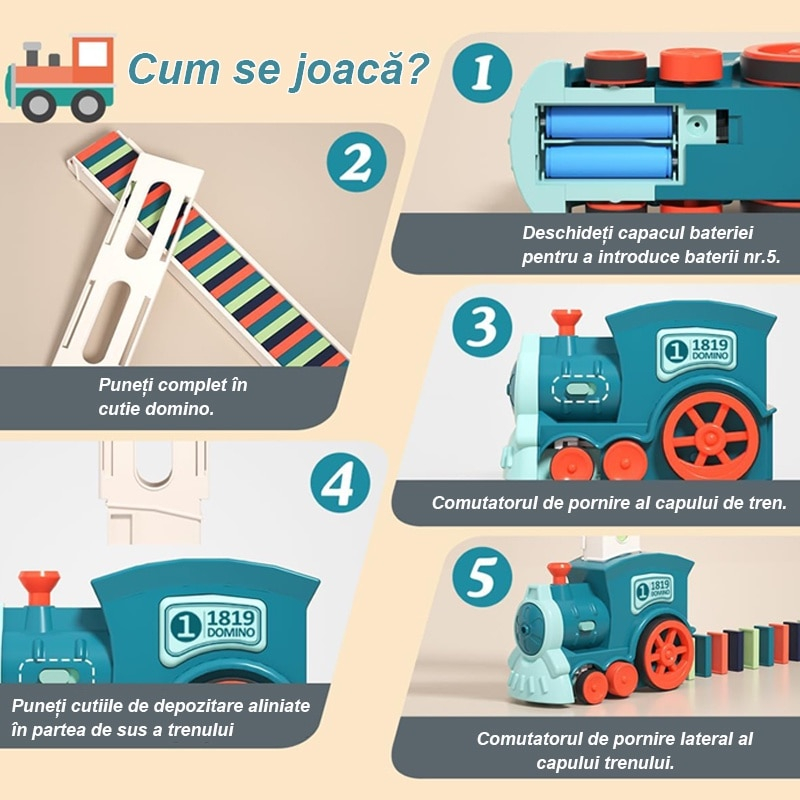 Trenulet cu sunet,lumina si joc domino,plastic,diverse culori,60 piese [10]