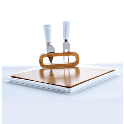 Articole Bucatarie - Set platou de servire din portelan si bambus cu 2 accesorii incluse