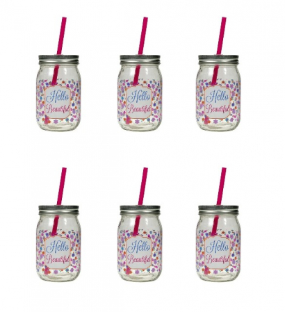 Articole Bucatarie - Set 6 recipiente pentru baut tip borcan cu capac si pai