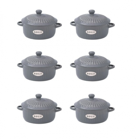 Boluri - Set format din 6 boluri de servit din ceramica cu manere si capac pentru supa
