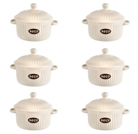 Boluri - Set format din 6 boluri de servit din ceramica cu manere si capac pentru supa