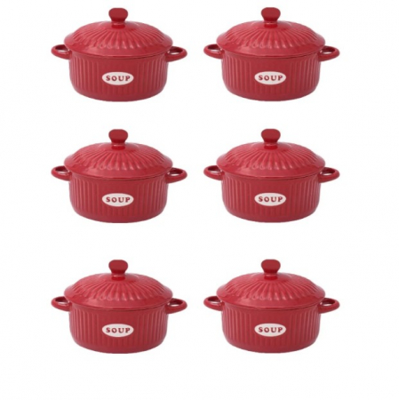 Boluri - Set format din 6 boluri de servit din ceramica cu manere si capac pentru supa