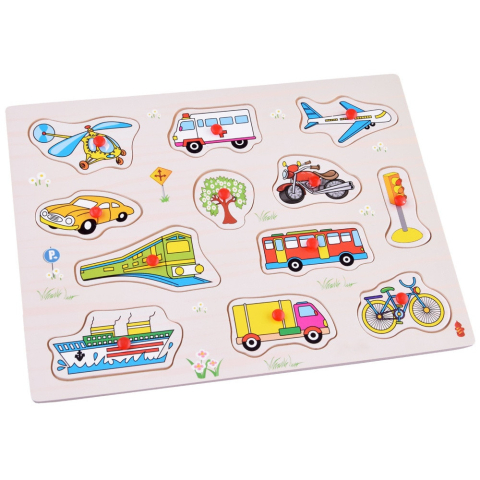 Puzzle - Puzzle din lemn educativ cu butoni Mijloace de transport si obiecte, 12 piese