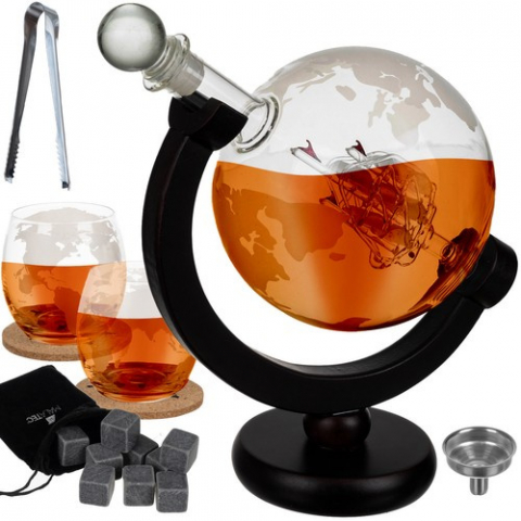 Articole Bucatarie - Decantor Whisky în Formă de Glob – Set cu 2 Pahare și Accesorii, Suport Lemn