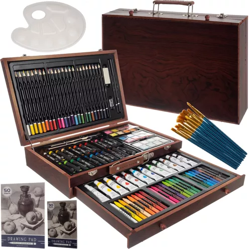 Produse art & craft-Lucru manual - Set de desen si pictura pentru copii cu 129 piese in cutie de lemn tip servieta