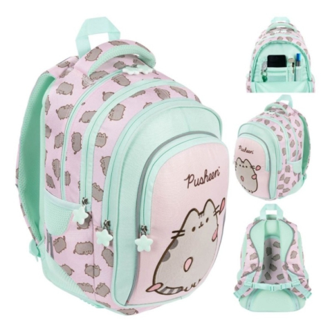 Ghiozdane Scoala - Ghiozdan scoala Pusheen, 4 compartimente, verde cu roz, 40x28x18 cm