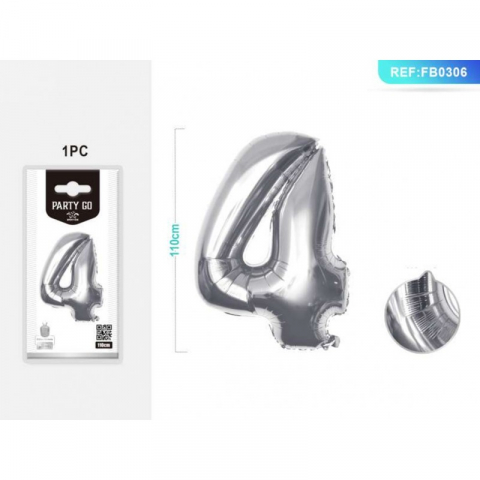 Articole pentru Petrecere - Balon Aniversar PartyGo Cifra 4, 40cm, Argintiu