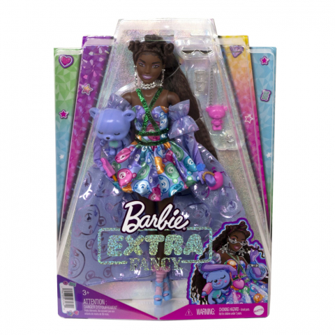 Papusi & accesorii - BARBIE EXTRA FANCY PAPUSA BRUNETA CU ROCHIE CU IMPRIMEU CU URSULETI