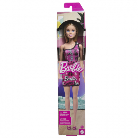 Papusi & accesorii - BARBIE PAPUSA CLASICA BLONDA CU ROCHITA ROZ CU IMPRIMEU BARBIE
