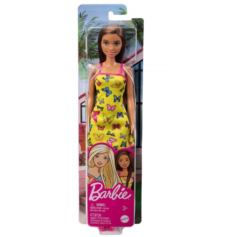 Papusi & accesorii - BARBIE PAPUSA CLASICA SATENA CU ROCHITA GALBENA CU IMPRIMEU CU FLUTURI