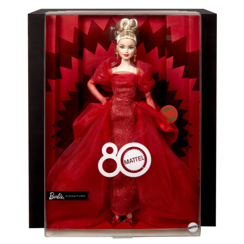 Papusi & accesorii - BARBIE SIGNATURE ANIVERSARE 80 DE ANI PAPUSA BARBIE BLONDA CU ROCHIE DE BAL ROSIE