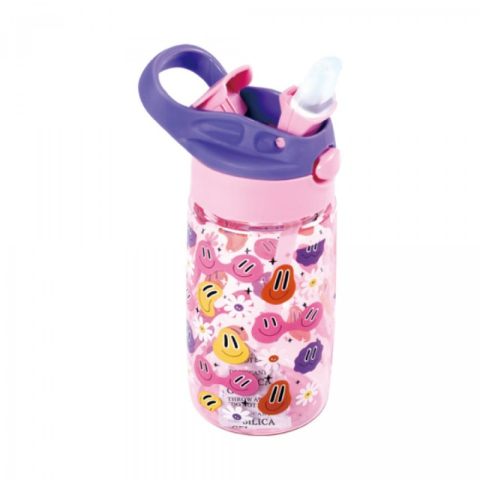Articole Bucatarie - Bidon pentru apa cu maner,plastic, 450 ml, roz,design smile