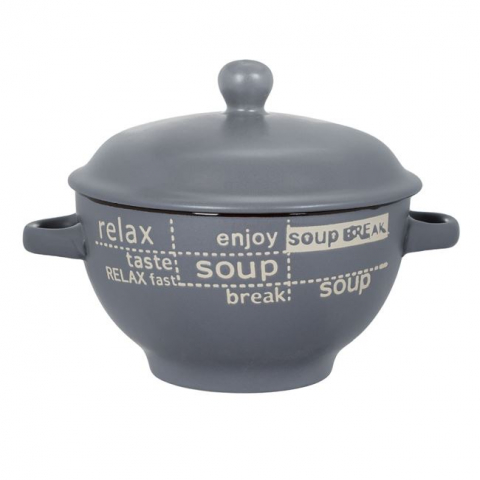 Boluri - Bol supa cu capac si manere,ceramica,gri,600 ml