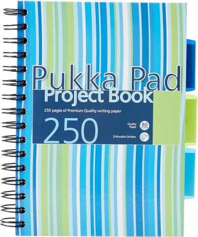Papetarie & Birotica - Caiet cu Spirală și Separatoare Pukka Pad Project Book Stripes A5, 250 Pagini Dictando, Copertă PP Întărită, Albastru