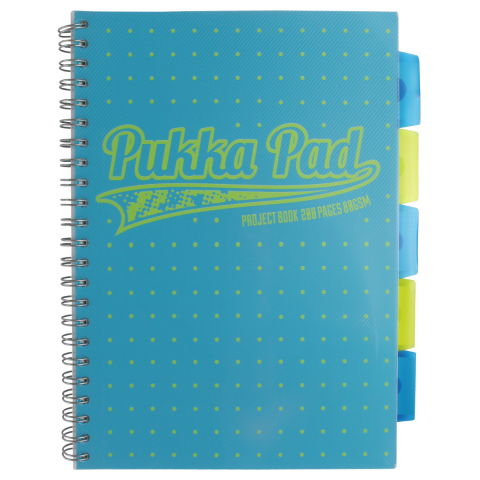 Papetarie & Birotica - Caiet cu Spirală și Separatoare Pukka Pad Project Book Neon Dots A4, Dictando, 200 Pagini, Copertă Albastră