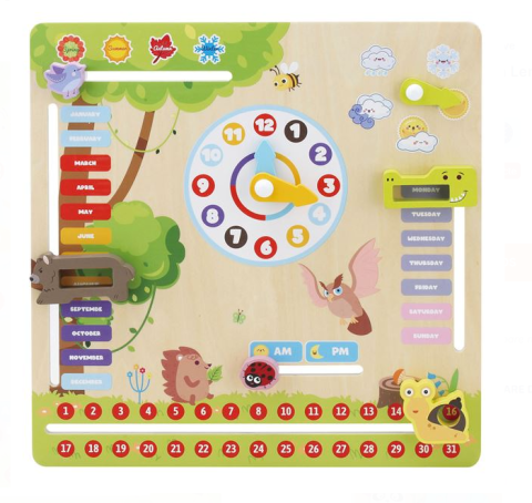 Jocuri si articole copii - Calendar Montessori din lemn in limba engleza, 7 activitati educative, 33x4x33 cm