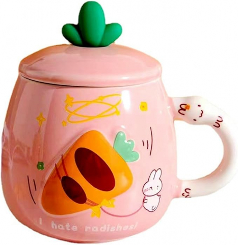 Articole Bucatarie - Cana cu capac si lingurita, design iepuras,crem-roz,ceramica,500 ml