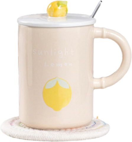Cani si cesti - Cana cu capac si lingurita, sunlight lemon,crem,ceramica,500 ml