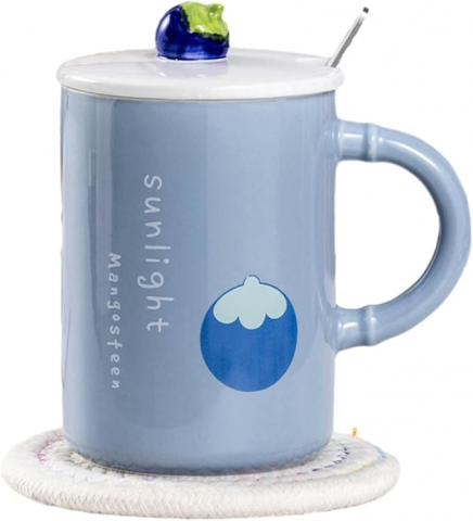 Cani si cesti - Cana cu capac si lingurita, sunlight mangosteen,albastru,ceramica,500 ml