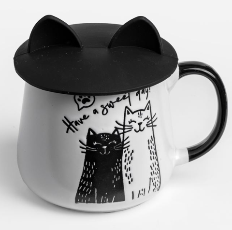 Cani si cesti - Cana cu capac siliconic urechi pisicuta pentru copii,ceramica,negru,400 ml