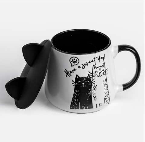 Cana cu capac siliconic urechi pisicuta pentru copii,ceramica,negru,400 ml [1]