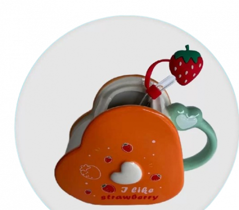 Cani si cesti - Cana cu pai reutilizabil, ceramica, forma inima,420 ml,portocaliu
