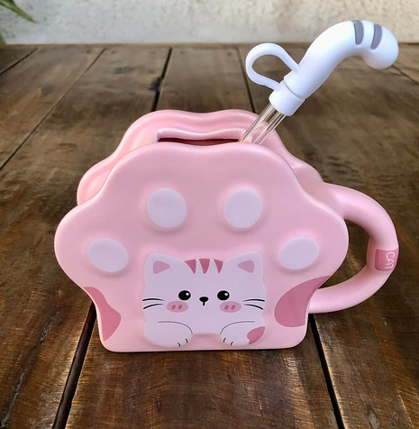 Cani si cesti - Cana cu pai reutilizabil, ceramica, pisicuta,400 ml,roz