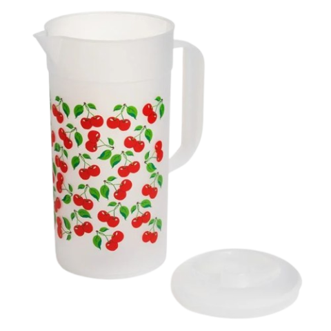 Carafa cu capac si maner pentru bauturi, plastic, imprimeu cirese, 2 litri [1]