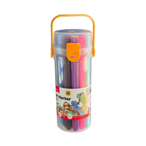 Materiale pentru pictură și desen - Carioci colorate Keyroad Capfix Connectible, 12 culori, triunghiulare, suport tub plastic