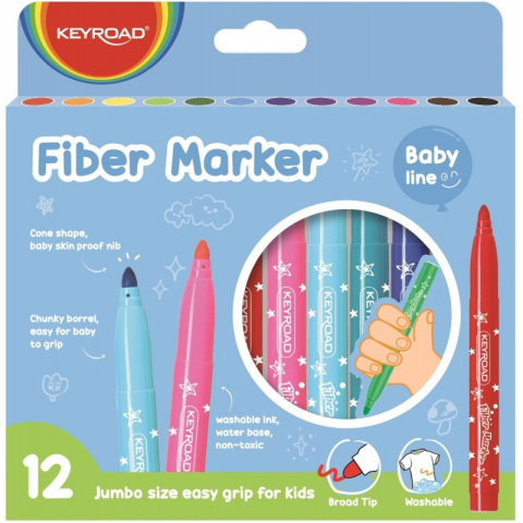 Materiale pentru pictură și desen - Carioci colorate lavabile Keyroad Baby Line, 12 culori/set