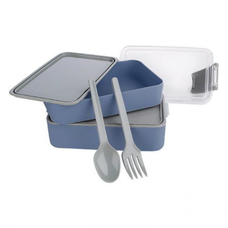 Articole pentru depozitare & organizare - Caserola dubla cu capac si tacamuri incluse,albastru,plastic 0% BPA,900 ml