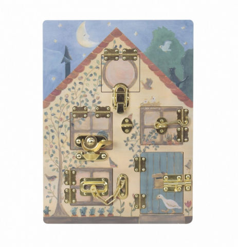 Jucarii activitati Montessori - Joc din lemn cu sisteme de inchidere-Casuta iepurasilor,25x30 cm