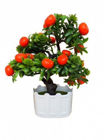 Decoratiuni - Copacel decorativ artificial cu fructe portocalii in ghiveci, plastic, 13x8x30 cm