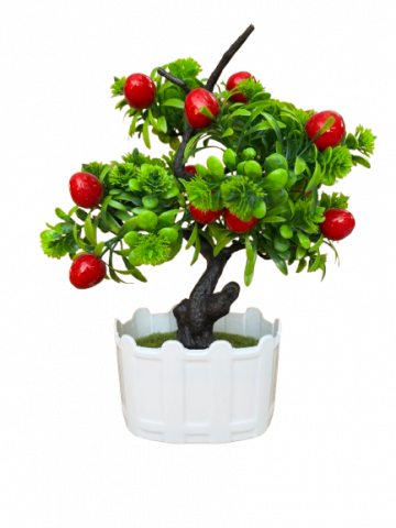 Decoratiuni - Copacel decorativ artificial cu fructe rosii in ghiveci, plastic, 13x8x30 cm