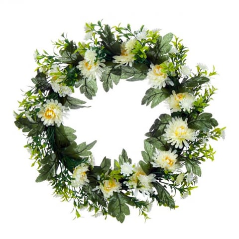 Flori si Plante artificiale - Coronita decorativa artificiala cu crizanteme albe,plastic, 38 cm